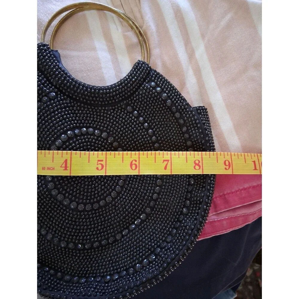 Blk Beaded Circle Evening Bag w/ Gold Tone Metal Ring Handles Vintage Hong Kong